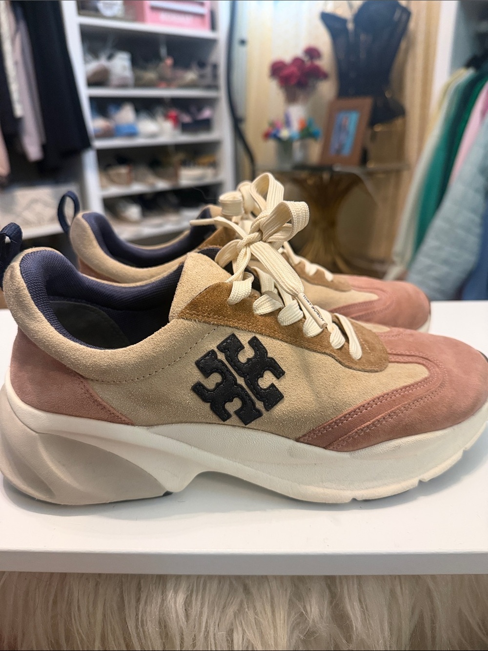 Tory Burch Pink, Beige & Tan Suede Platform Sneakers